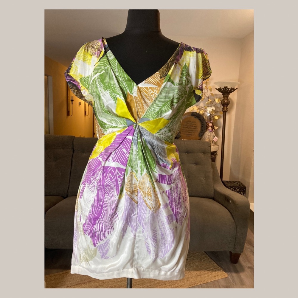 100% Silk Leaf Print Midi Dress Size 0 | Green Yellow Boho